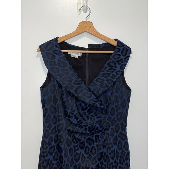 Kay Unger Blue Black Leopard Cap Sleeveless V-Neck Women's Midi Dress Size 10 - Picture 2 of 8